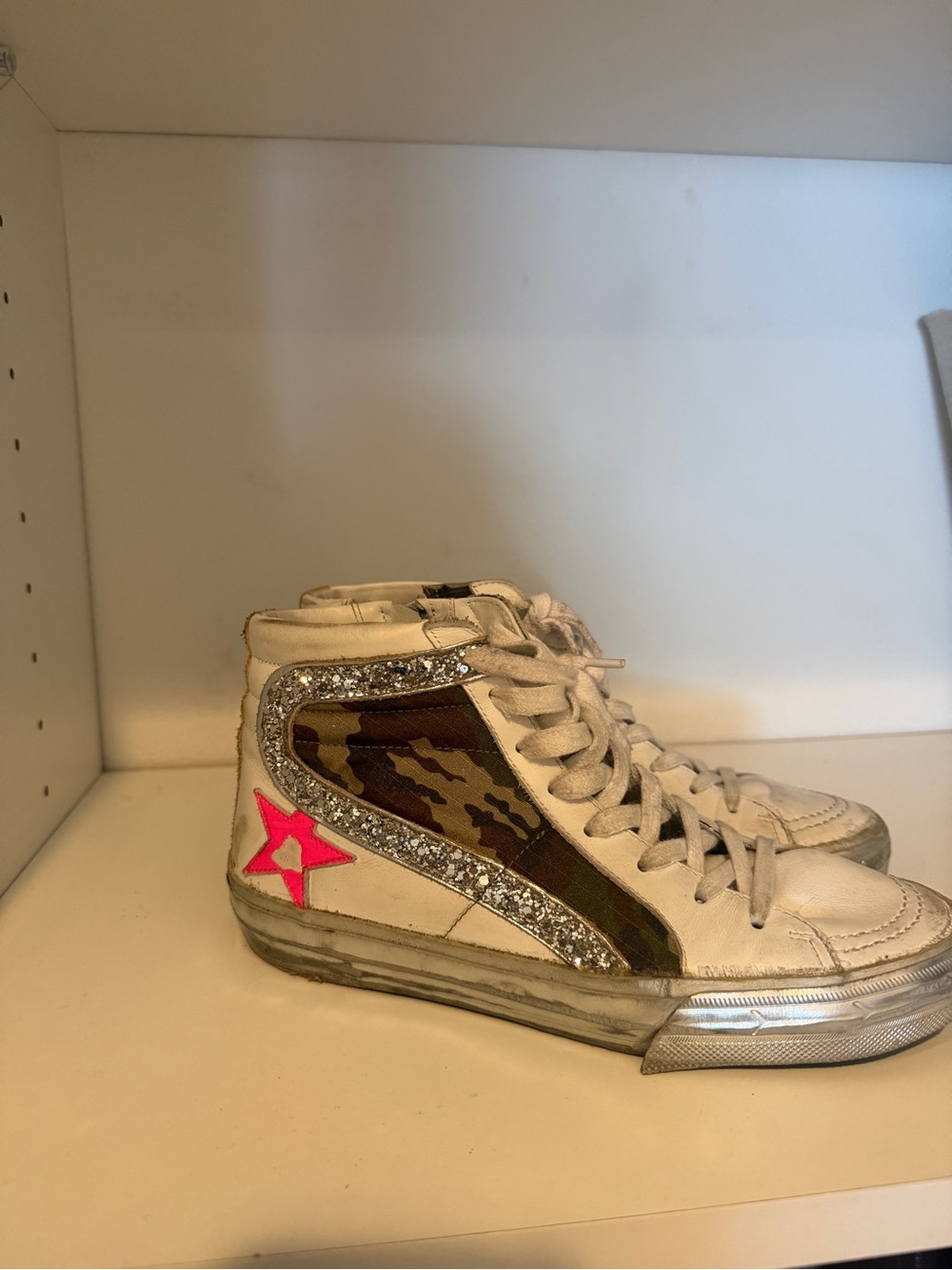 Golden Goose White High-Top Sneaker with Camo Panel and Pink Star Accent